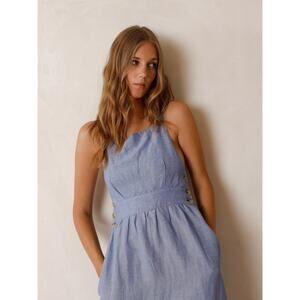 Indi & Cold Sleeveless Strappy Linen Blue Dress, Size M